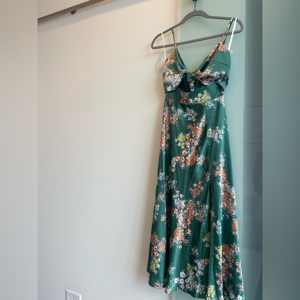Billy J Satin Floral Green Midi Dress